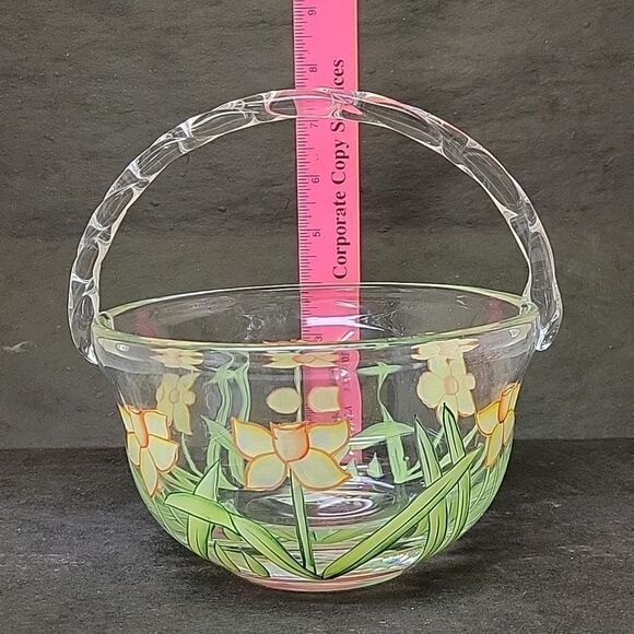 Vintage, Saks Fifth Ave, Crystal, Hand Painted, Handled Basket, 7 IN, Floral - Picture 2 of 8